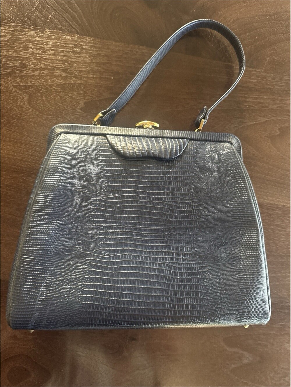 Vintage Mid Century Navy Blue Faux Lizard Skin Top Handle Purse 10” X 8.5”